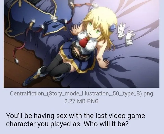 An anime-style illustration of a blonde female character in a blue and gold outfit lying on a wooden floor, looking…