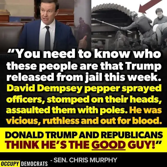 The image is a split-screen meme. The left side shows Senator Chris Murphy speaking in a formal setting. The right side is a…