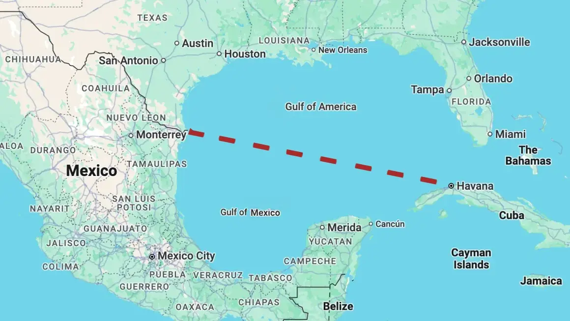 A map of the Gulf of Mexico and surrounding areas with a red dashed line drawn from Monterrey, Mexico, to Havana, Cuba…
