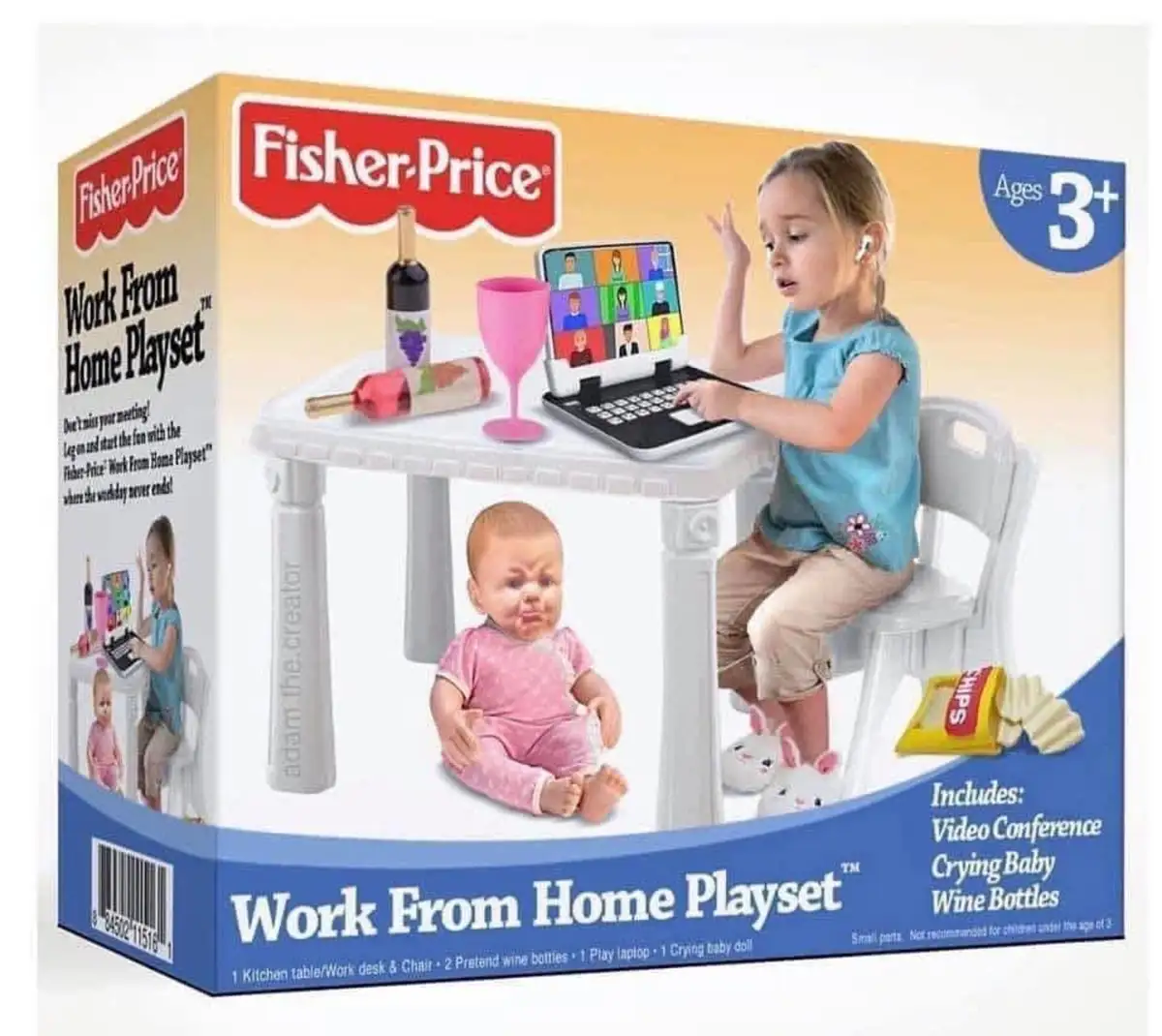 A Fisher-Price toy box for a 'Work From Home Playset' shows a young girl in a blue shirt sitting at a white plastic desk…