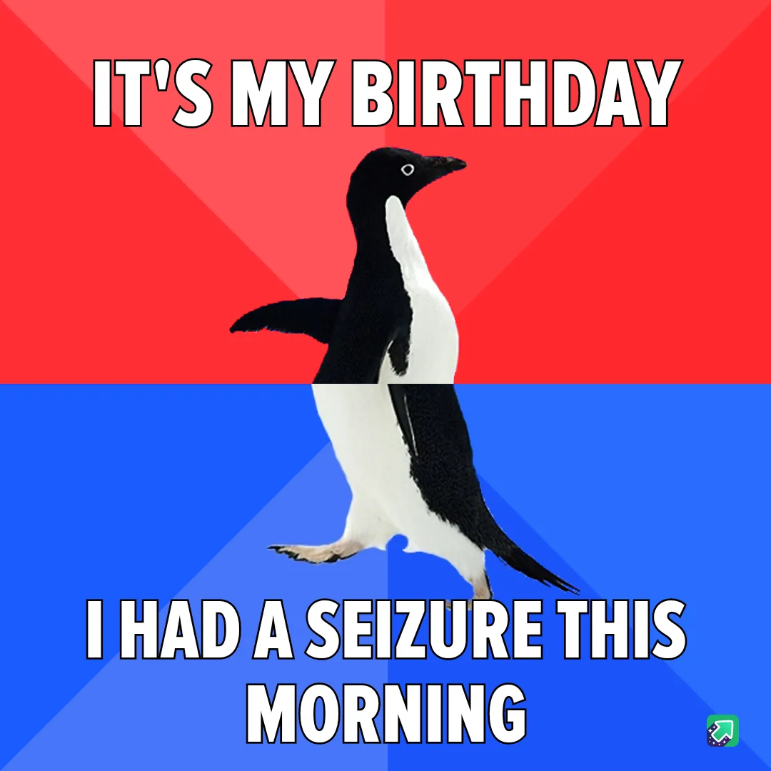 A black-and-white penguin stands centered against a red-and-blue background, with bold white text at the top reading 'IT'S…