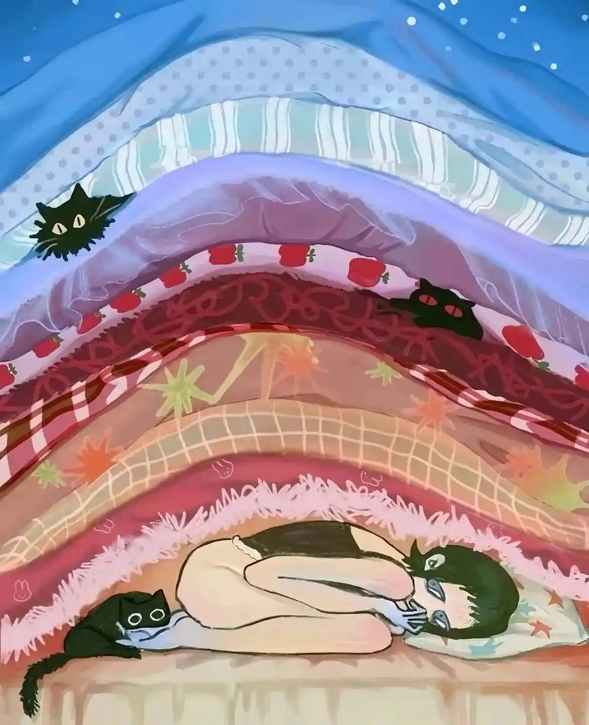 An anime-style illustration shows a person sleeping under multiple layers of colorful, patterned blankets, with three black…