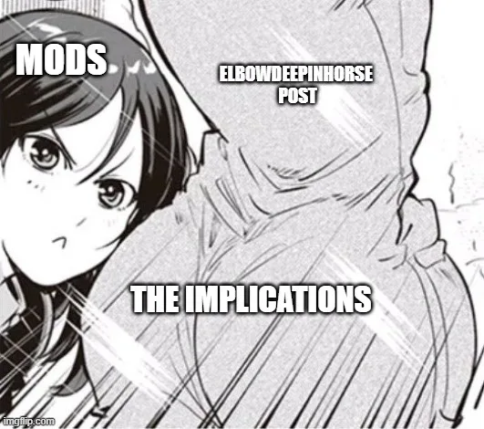 A black-and-white manga panel shows a young girl with a worried expression looking up at a large, looming figure. Overlaid…