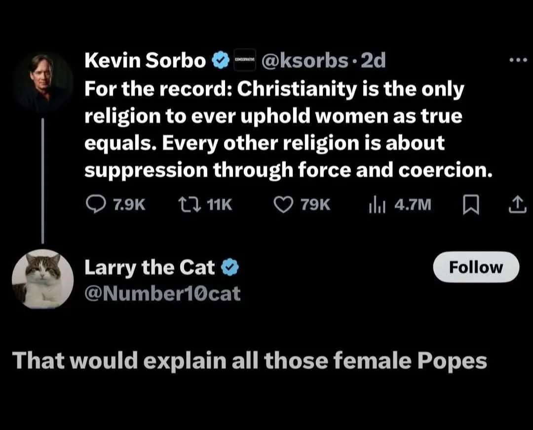 A screenshot of a Twitter thread shows Kevin Sorbo's tweet claiming Christianity uniquely upholds women as equals, followed…