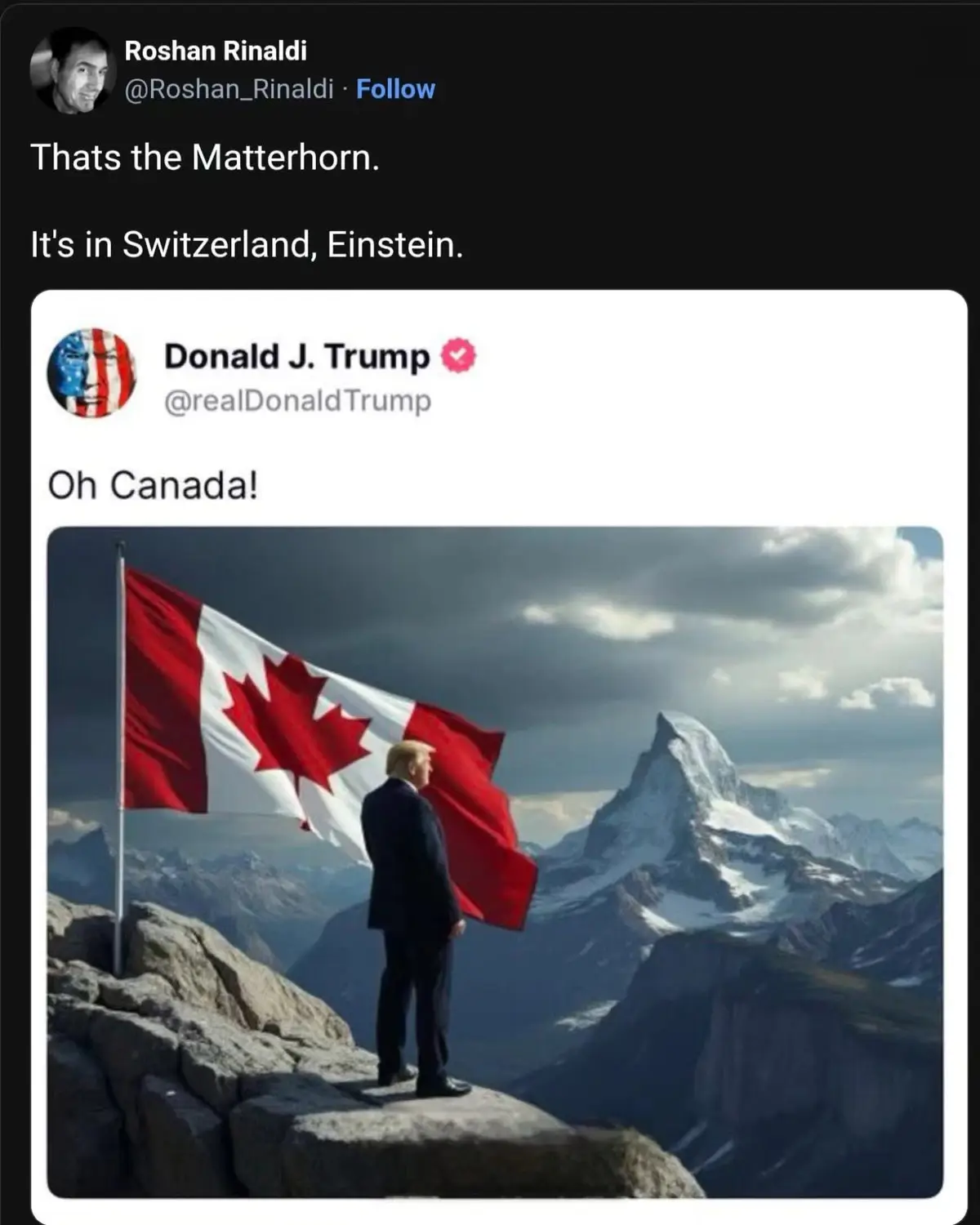 A screenshot of a Twitter thread shows a user correcting Donald J. Trump, who posted a photo of himself standing on a…