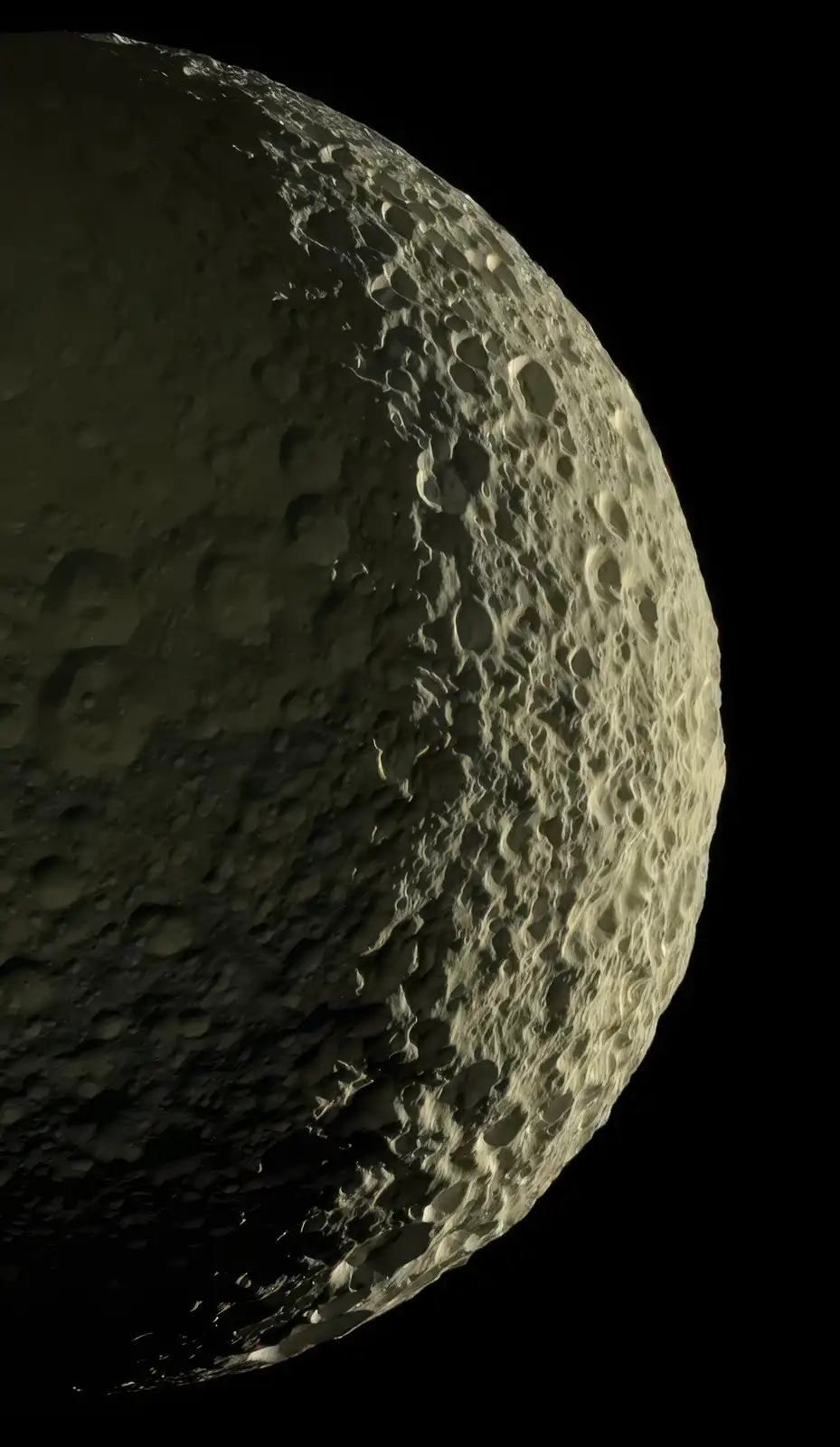 A high-resolution image shows the cratered, rocky surface of the moon against a black space background, with sunlight…