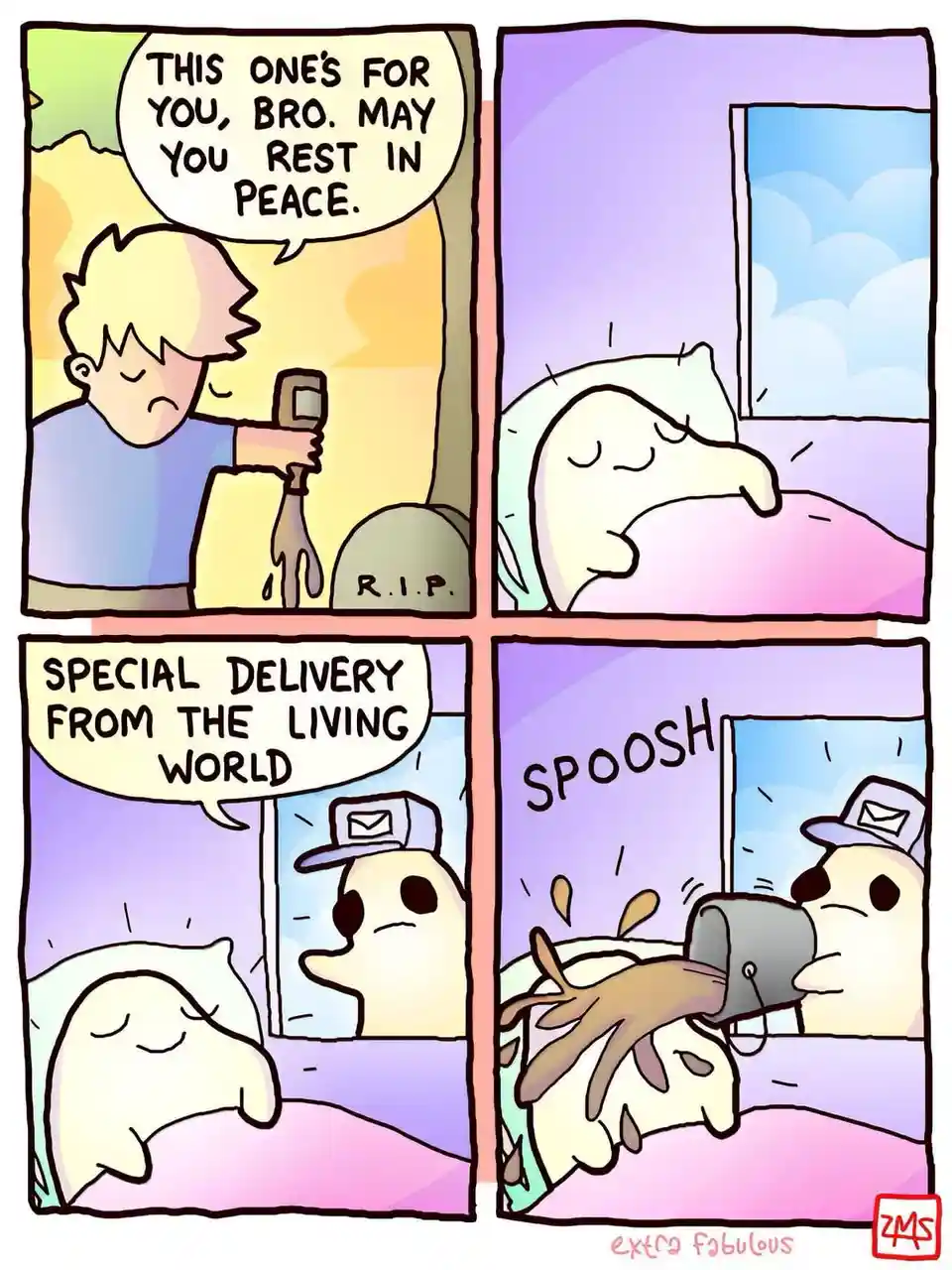 A four-panel comic shows a living person dropping a brown liquid from a bottle onto a grave marked 'R.I.P.' A ghost sleeps…