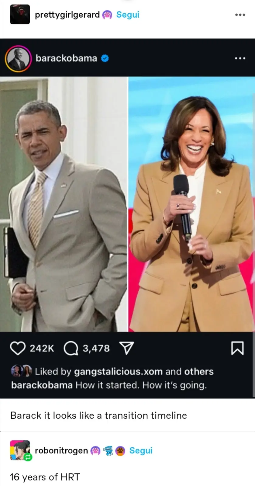 A split-screen image shows former President Barack Obama on the left looking displeased in a beige suit, and Vice President…