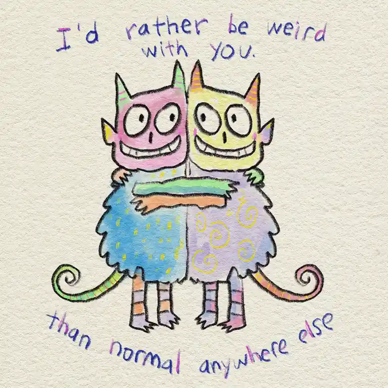 Two colorful, cartoonish monster-like creatures with big eyes and striped legs are hugging each other tightly. The pink…