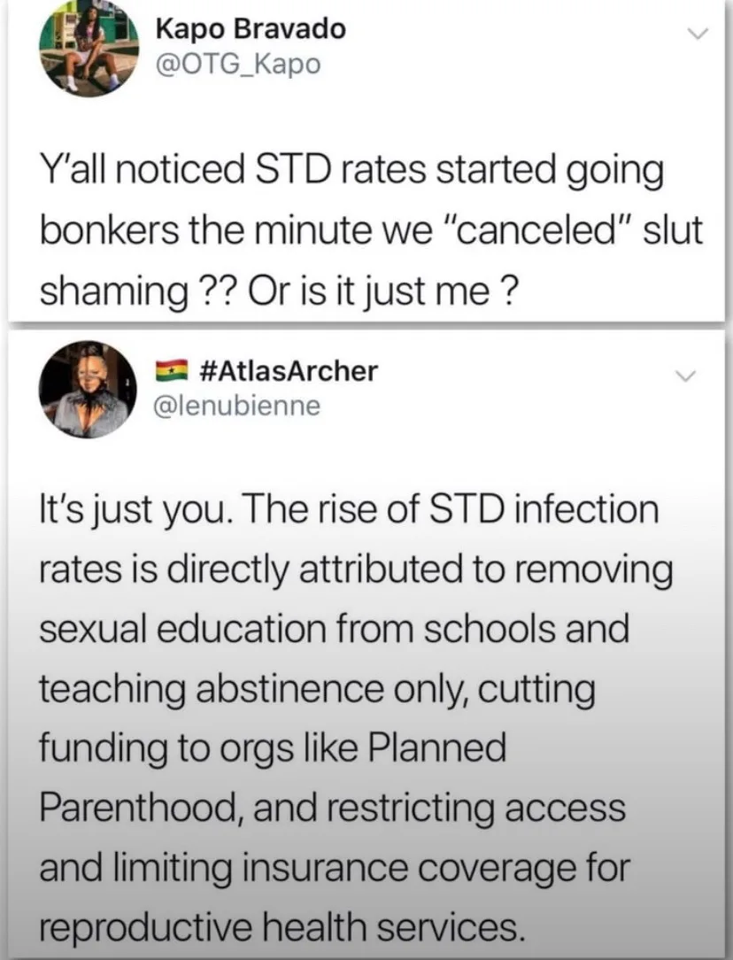 The image displays two Twitter posts. The first, from user Kapo Bravado, asks if others noticed a rise in STD rates after…