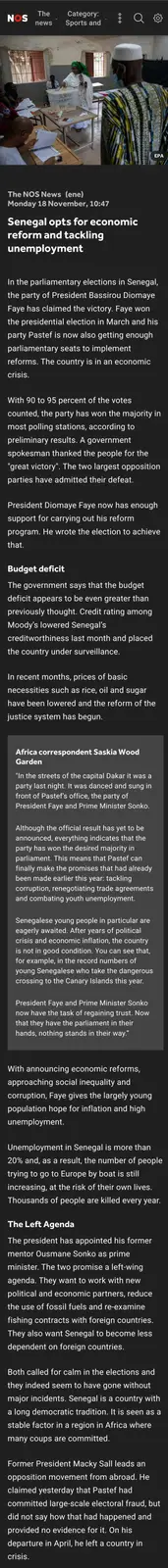 The image is a screenshot of a NOS News article about Senegal's parliamentary elections, showing a photo of people at a…