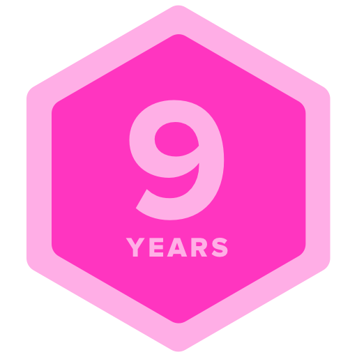 A bright pink hexagon with a large, light pink number '9' centered inside it, with the word 'YEARS' in smaller capital…