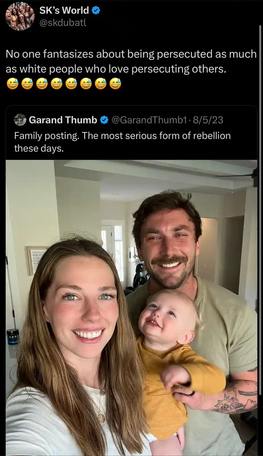A screenshot of a Twitter thread shows a family selfie of a smiling man, woman, and baby. The top tweet sarcastically claims…