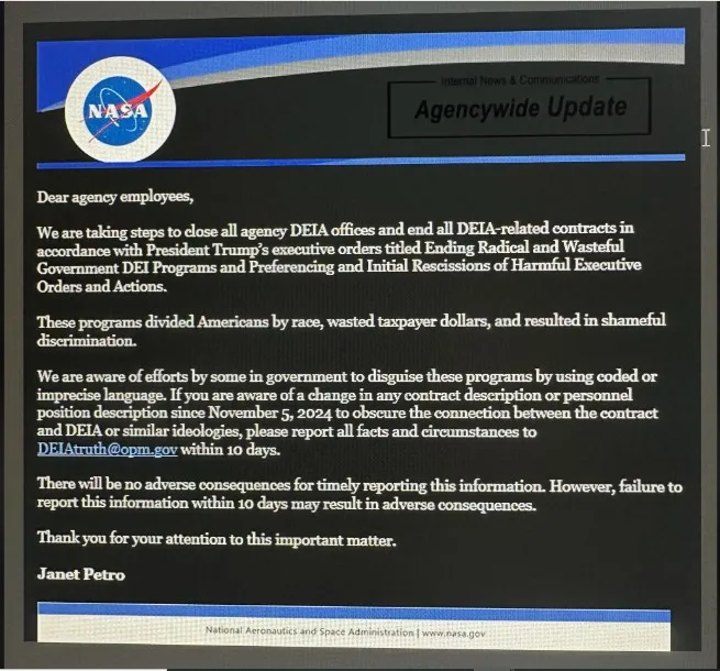 A mock NASA internal memo titled 'Agencywide Update' falsely claims the agency is closing DEIA offices and ending…