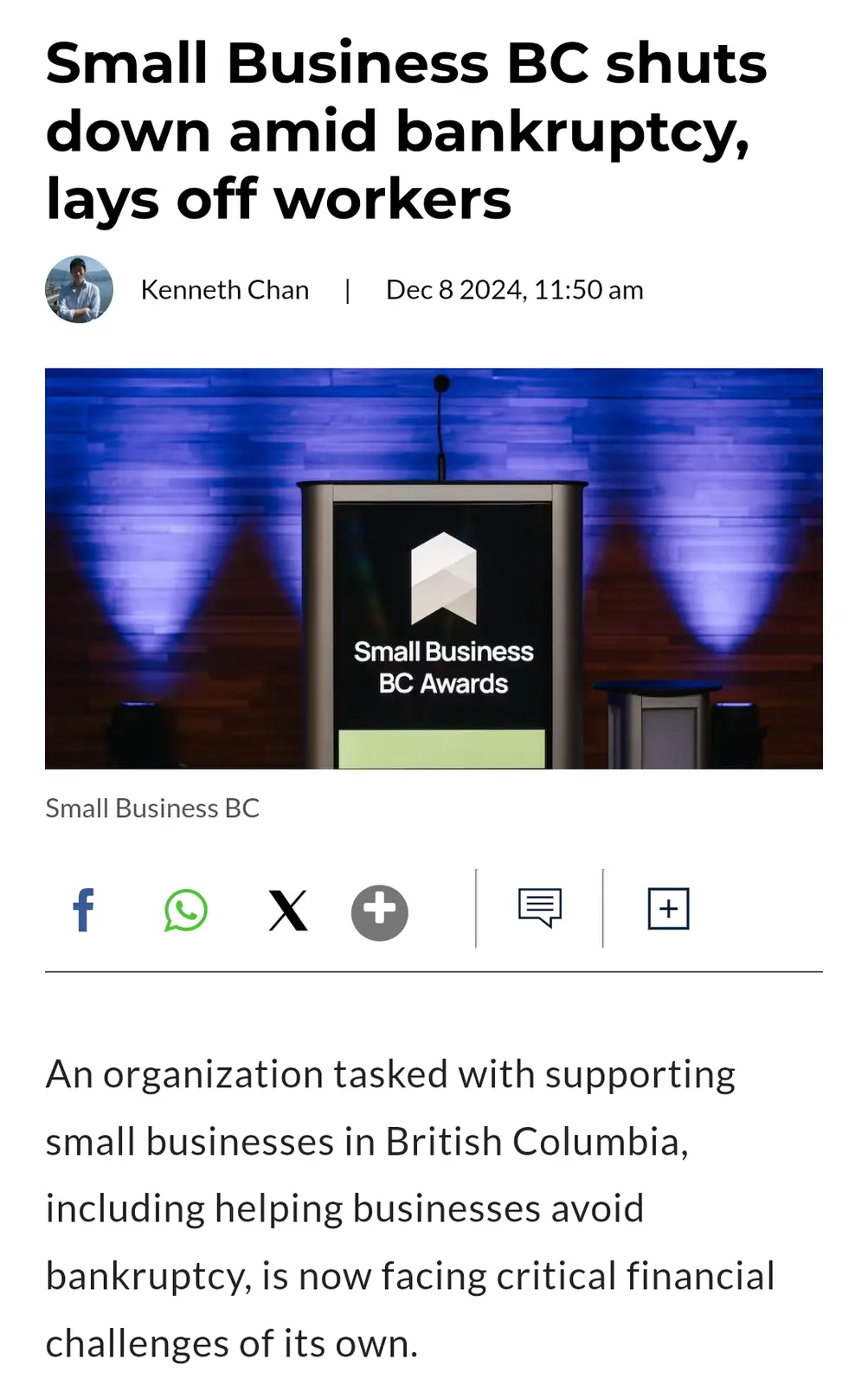 A screenshot of a news article about Small Business BC shutting down due to bankruptcy, featuring a photo of a podium with…