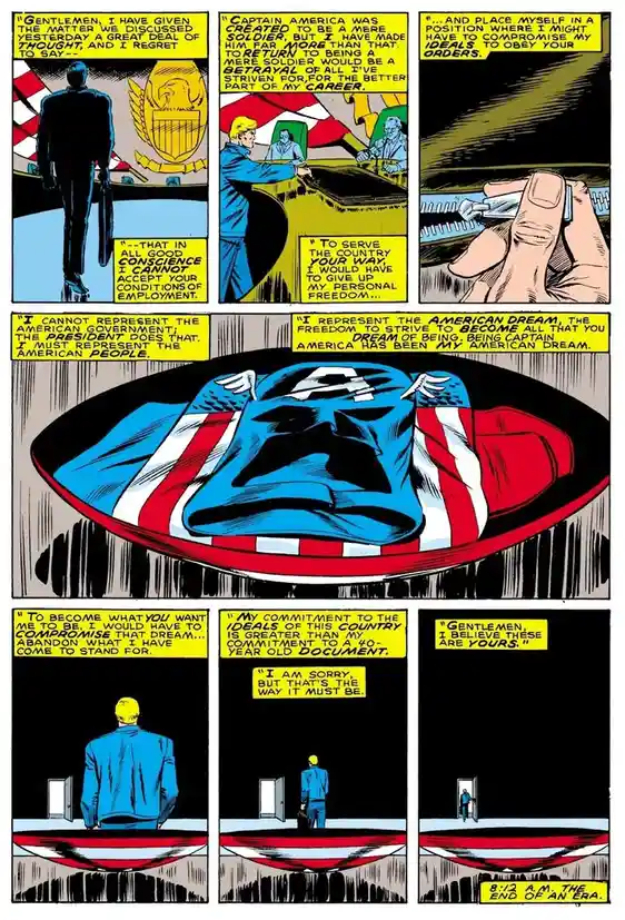 A comic book panel sequence showing Captain America rejecting a government offer to return to being a mere soldier…