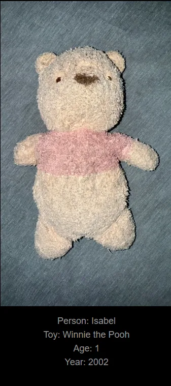 A worn, light-colored plush Winnie the Pooh toy wearing a pink shirt lies on a gray fabric surface. Overlaid text identifies…