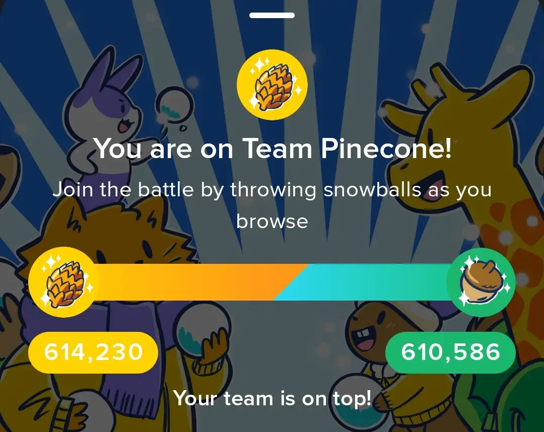A screenshot from a mobile game interface showing a team battle screen. Two cartoon animal characters flank the screen, with…