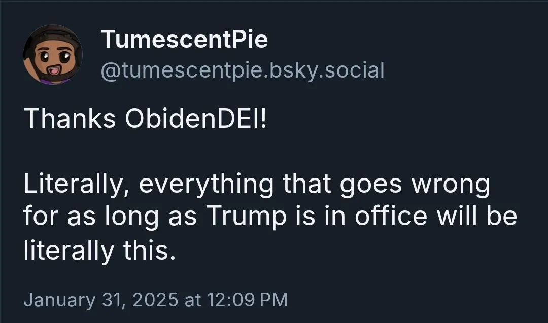 A screenshot of a social media post from a user named TumescentPie, featuring a cartoon avatar and a dark background. The…