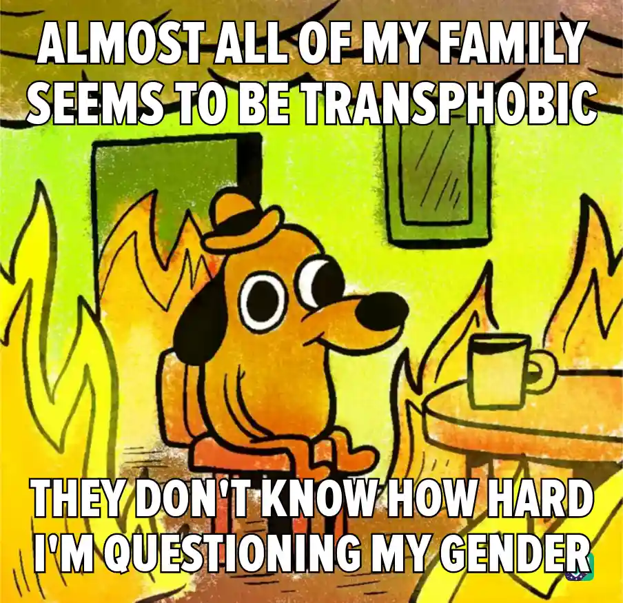 A cartoon dog wearing a hat sits calmly in a room with flames on either side, looking serene while holding a mug. The text…
