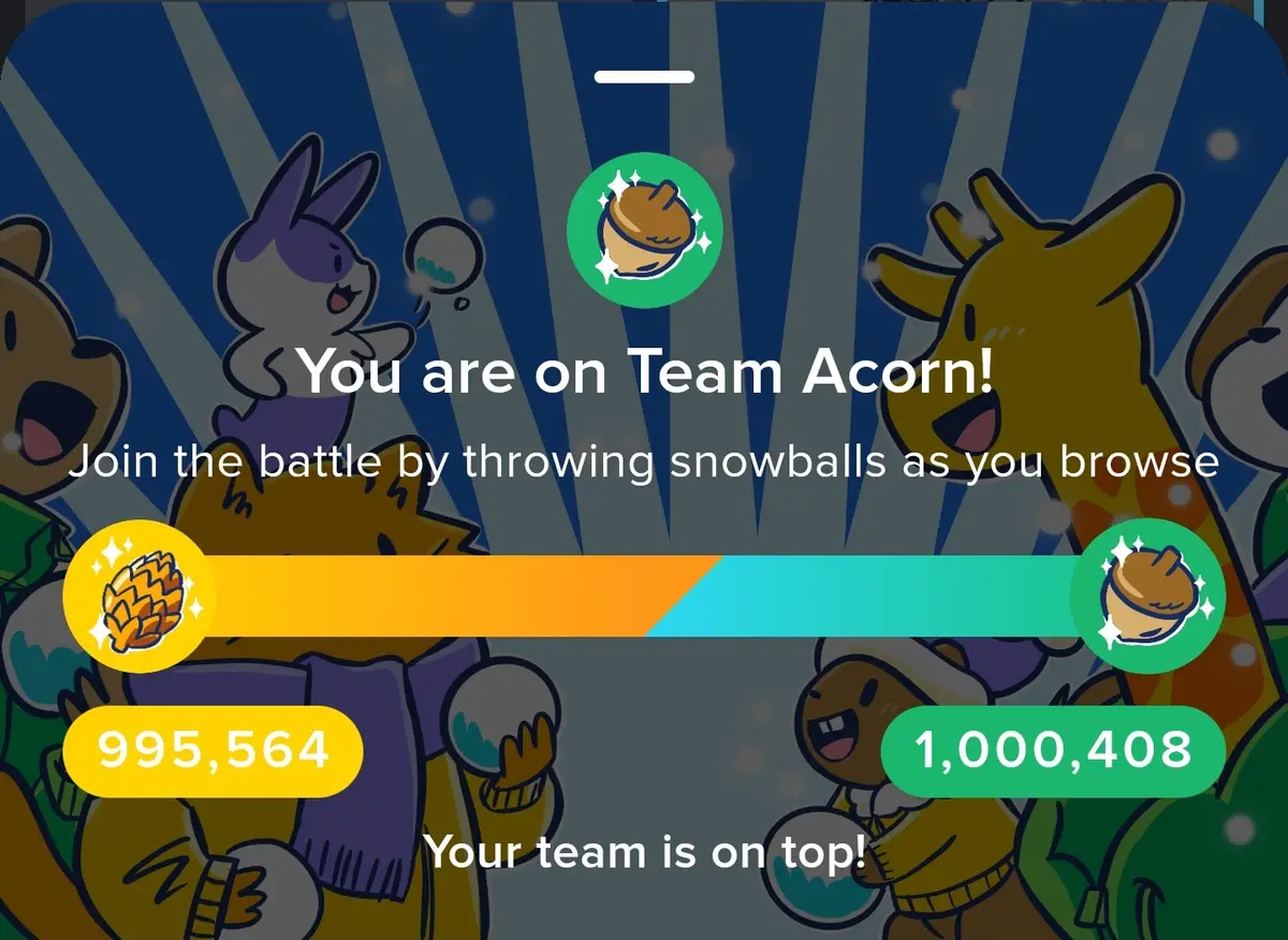 A screenshot from a mobile game shows a scoreboard with two teams: 'Team Acorn' (green, 1,000,408 points) and the opposing…