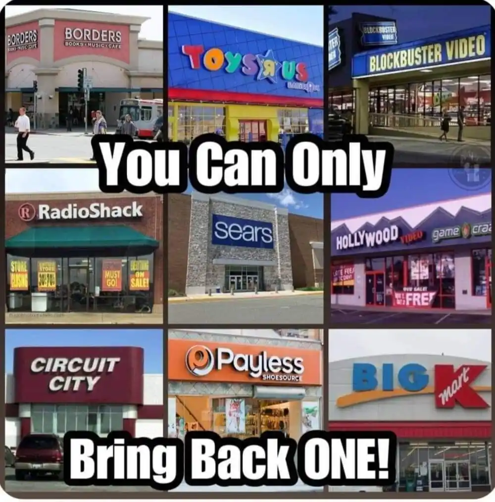 A collage of nine images showing the storefronts of now-defunct retail chains including Borders, Toys R Us, Blockbuster…