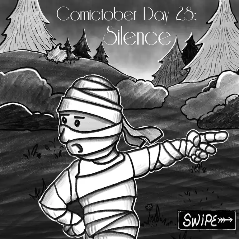 A black-and-white cartoon depicts a mummy character with a surprised expression, pointing forward with one hand while…
