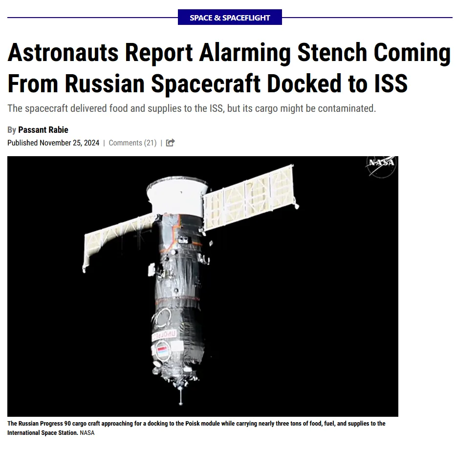 A screenshot of a news article from 'SPACE & SPACEFLIGHT' shows a Russian Progress cargo spacecraft docked to the…