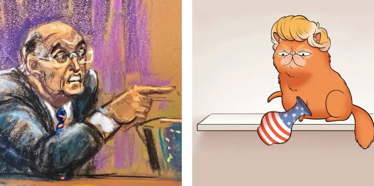 The image is split: left side shows a courtroom sketch of a man in a suit and tie, angrily pointing forward with a stern…