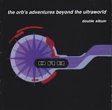 A black album cover for 'The Orb's Adventures Beyond the Ultraworld' double album, featuring a stylized purple and red…