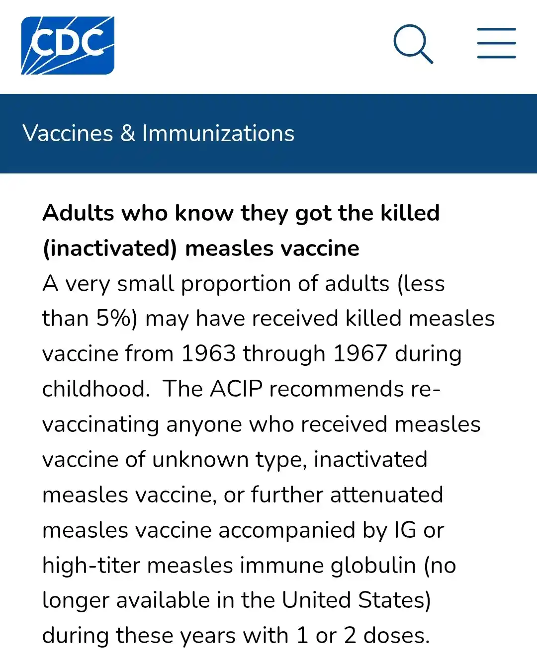 A screenshot of the CDC website's 'Vaccines & Immunizations' section, showing text about adults who received the killed…