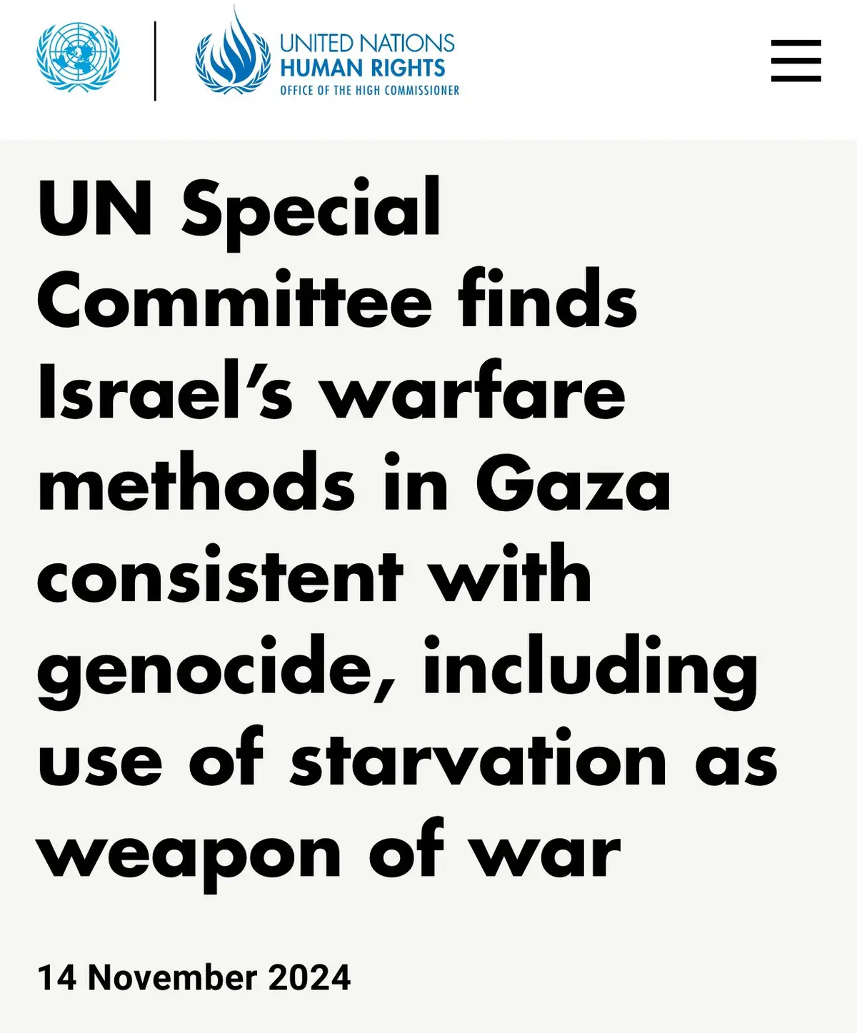 The image displays a screenshot of a UN Human Rights Office webpage with a headline announcing a UN Special Committee…