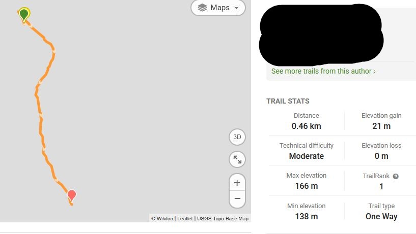 A screenshot of a hiking trail page showing a very long, winding 0.46 km route with a 'Moderate' technical difficulty rating…