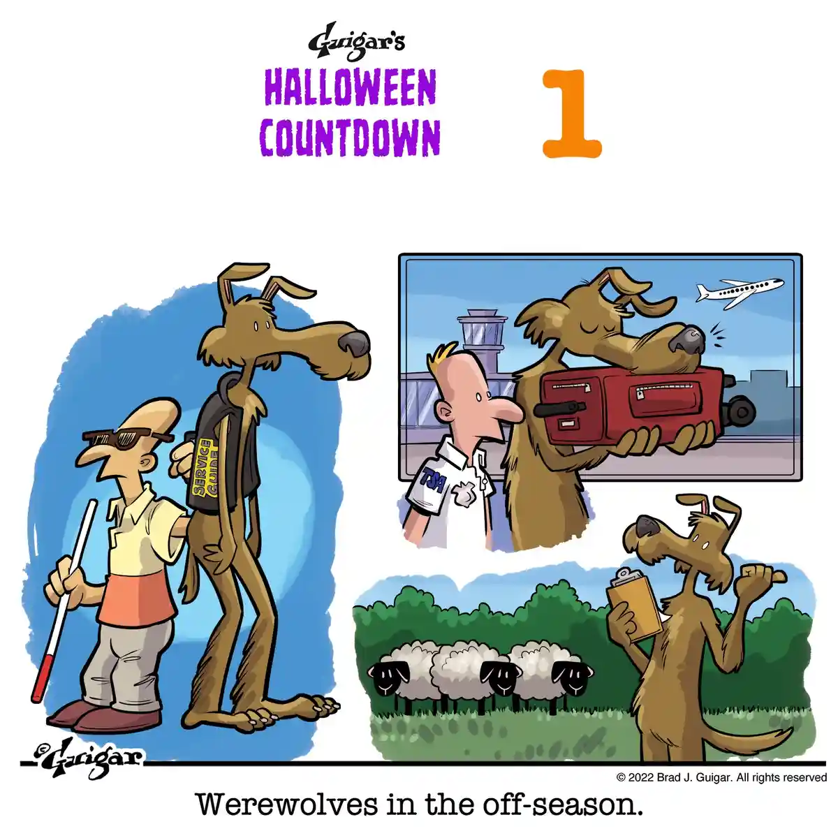 A cartoon depicts a werewolf in three scenarios: as a service guide helping a blind person, as a traveler with luggage at an…