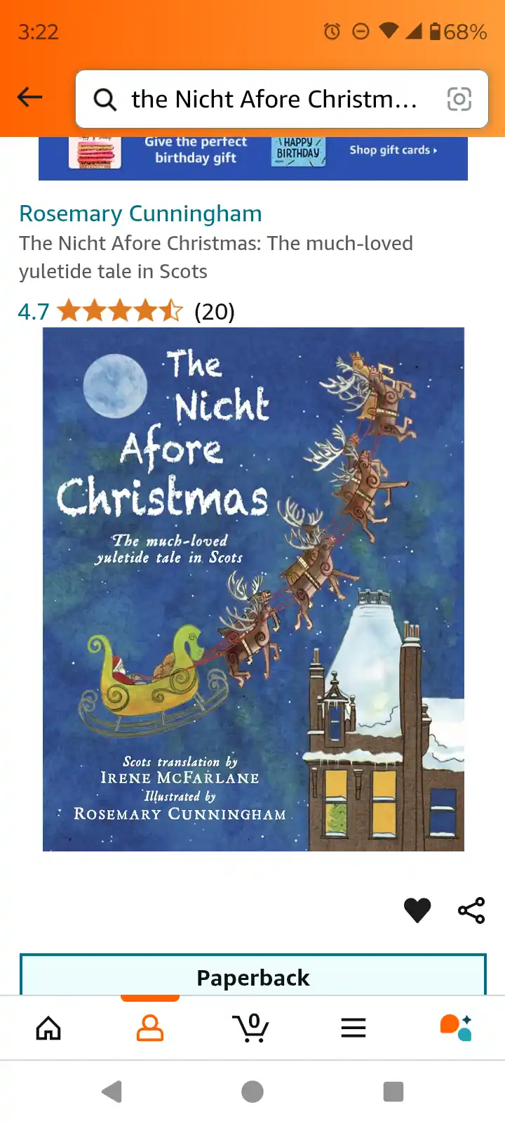 A smartphone screenshot shows an Amazon app page for the book 'The Nicht Afore Christmas' by Rosemary Cunningham, featuring…