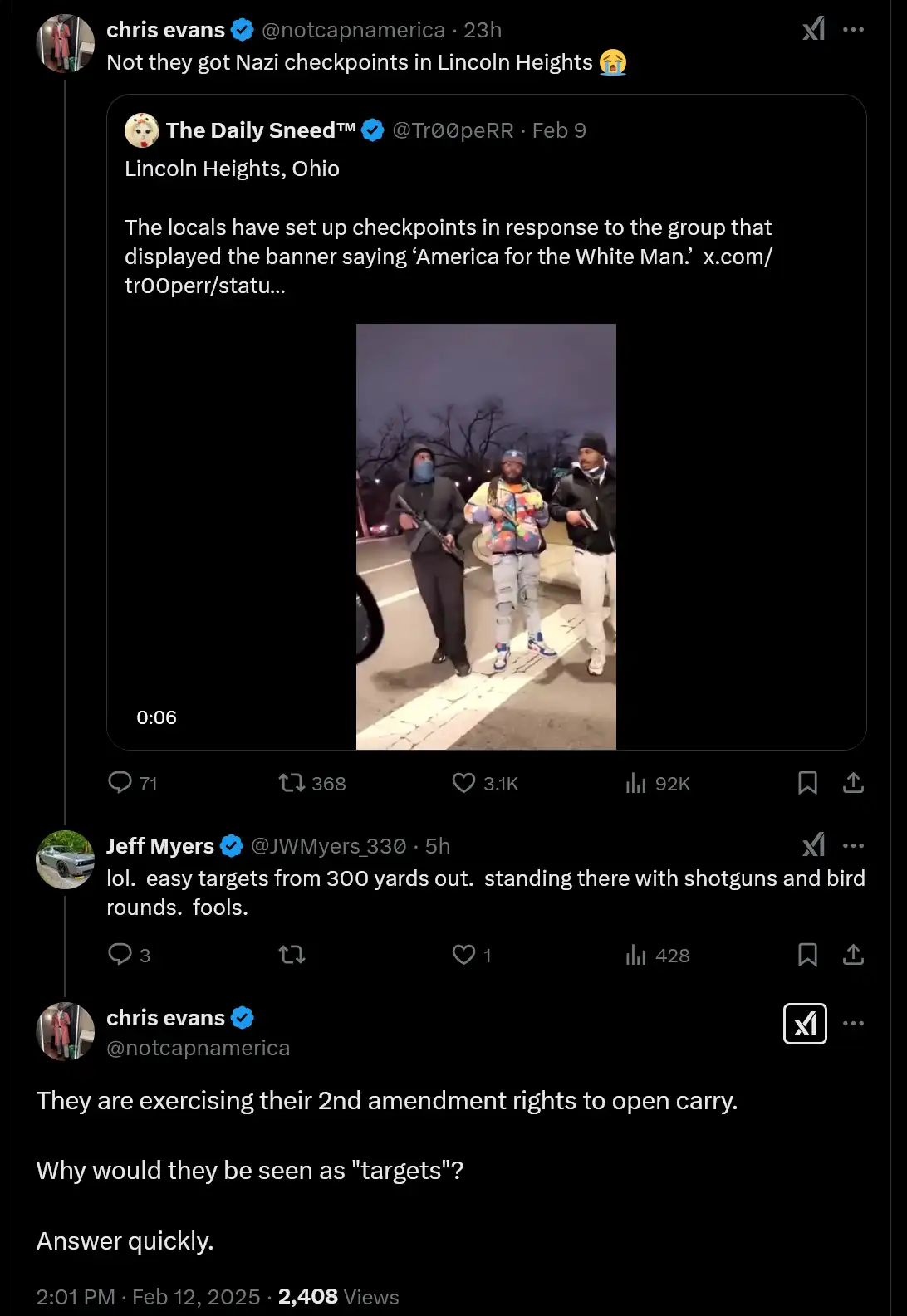 A screenshot of a Twitter thread shows Chris Evans replying to a post by 'The Daily Sneed™' about locals in Lincoln Heights…