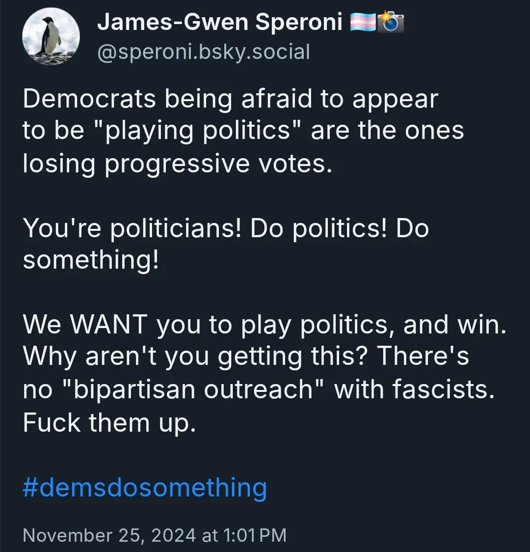 A screenshot of a social media post by James-Gwen Speroni, featuring white text on a dark background. The post argues that…