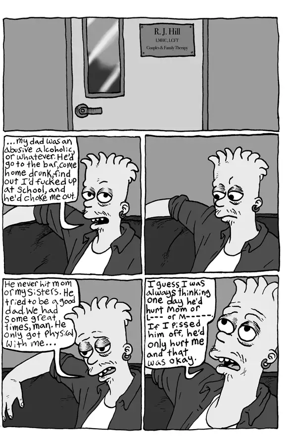 A four-panel comic strip featuring a man with spiky hair sitting on a couch, recounting a traumatic childhood story about…