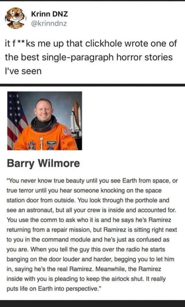 A screenshot of a tweet by Krinn DNZ showing a photo of astronaut Barry Wilmore in an orange spacesuit with an American flag…