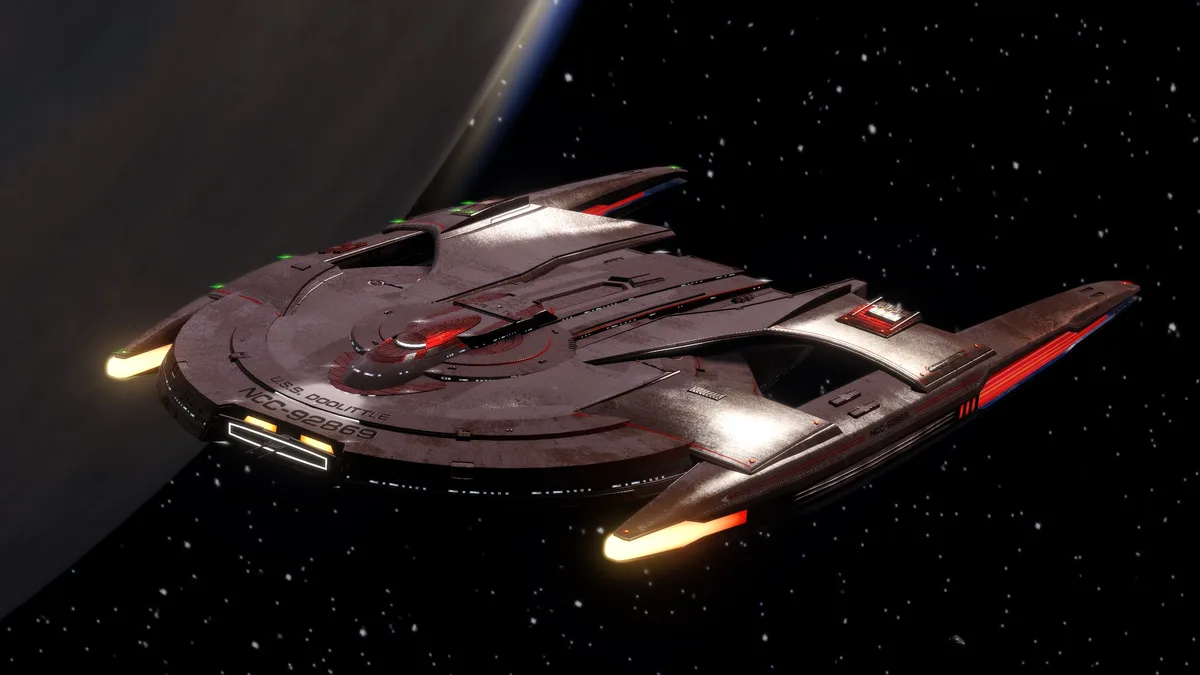 A detailed image of a Starfleet starship, identified as the U.S.S. Doolittle (NCC-92869), flying through space near a planet…