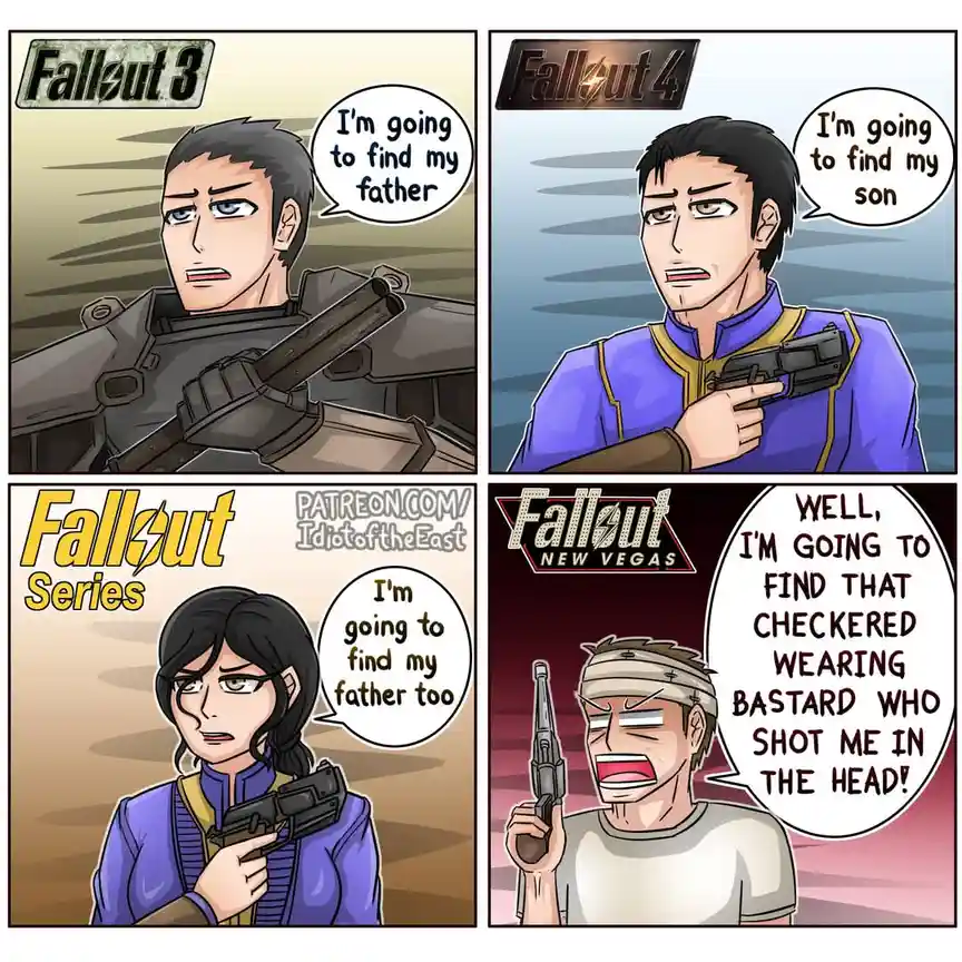 A four-panel comic strip parodying Fallout games, showing characters from Fallout 3, Fallout 4, and Fallout: New Vegas each…