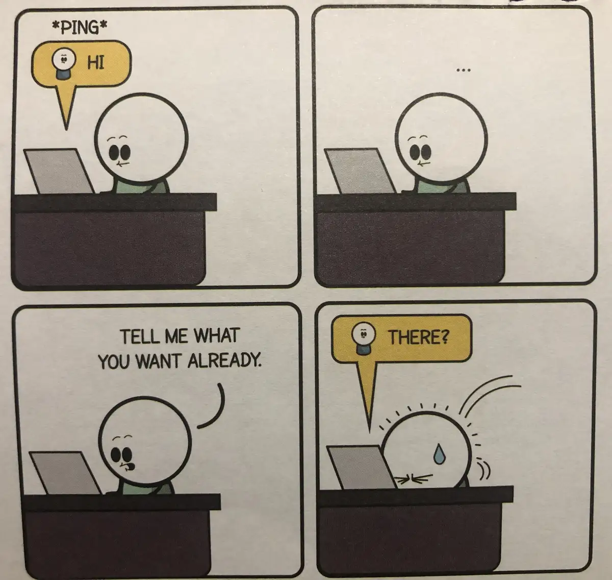 A four-panel comic shows a round-headed character at a desk. In the first panel, a notification bubble with a lightbulb icon…