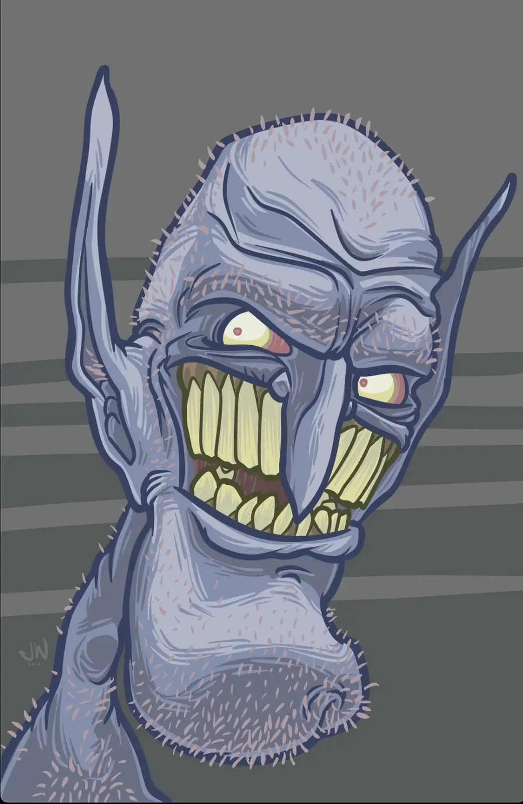 A cartoonish, grey-skinned monster with pointed ears, glowing yellow eyes, and a wide, toothy grin is shown against a grey…