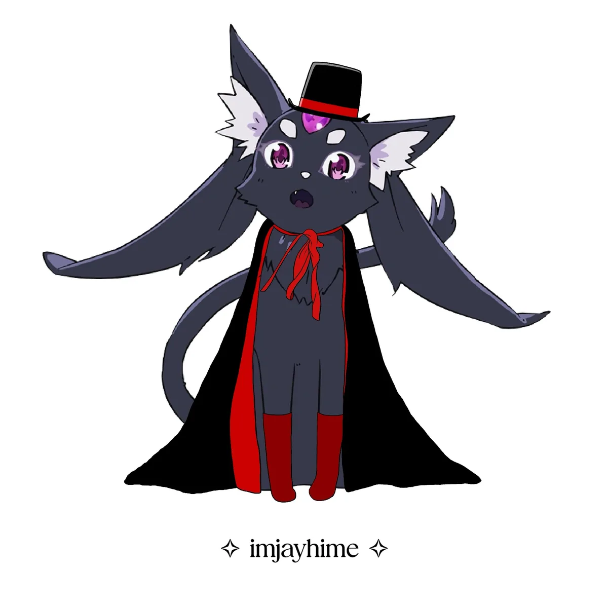 A cartoon black cat with large pointed ears and purple eyes wears a black top hat with a red band, a black cape with red…