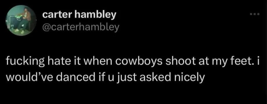 A screenshot of a tweet from user Carter Hambley shows a dark background with white text. The text reads: 'fucking hate it…