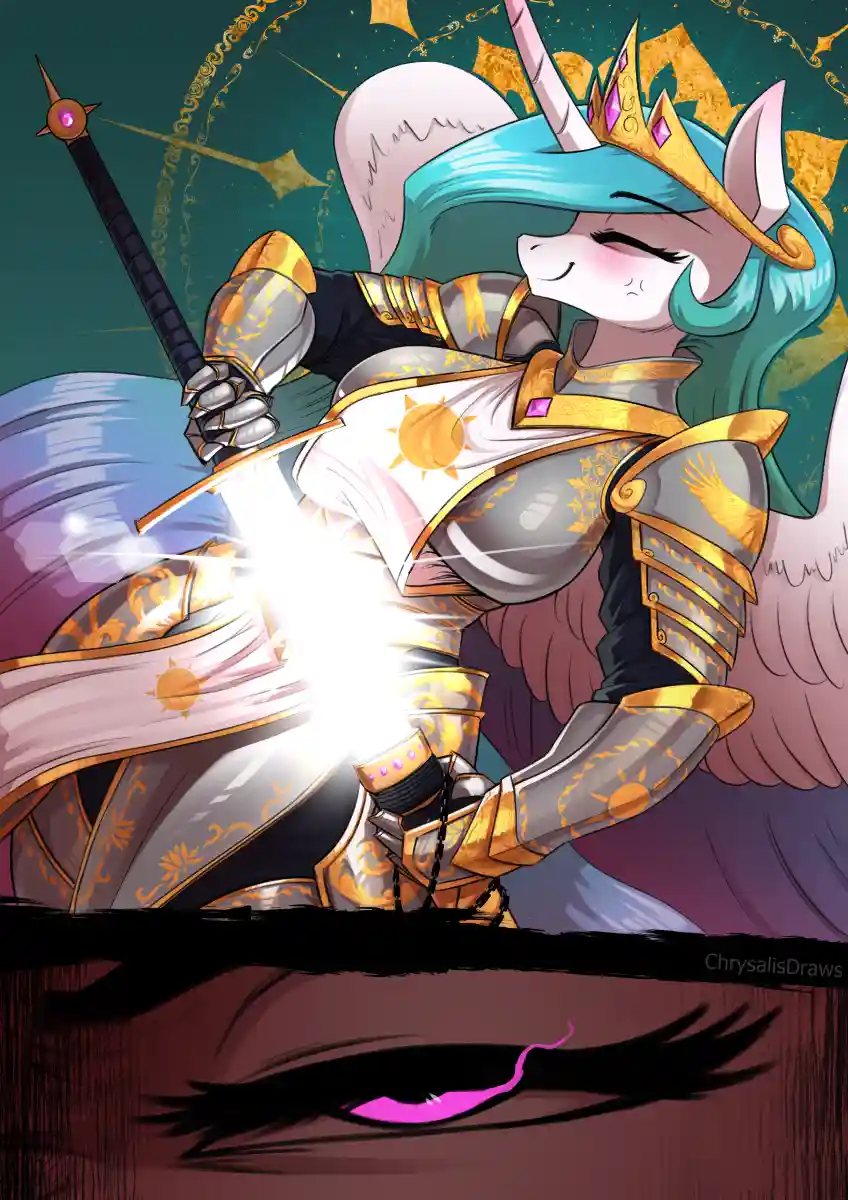 A stylized anime-style unicorn with cyan hair, a horn, and large angelic wings is depicted in ornate silver and gold armor…