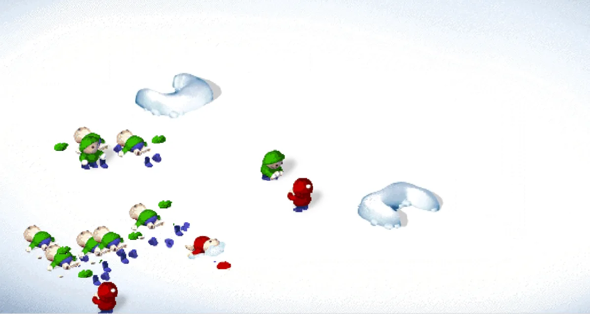 A screenshot from a 3D video game shows a red character standing next to a green character, with multiple green characters…