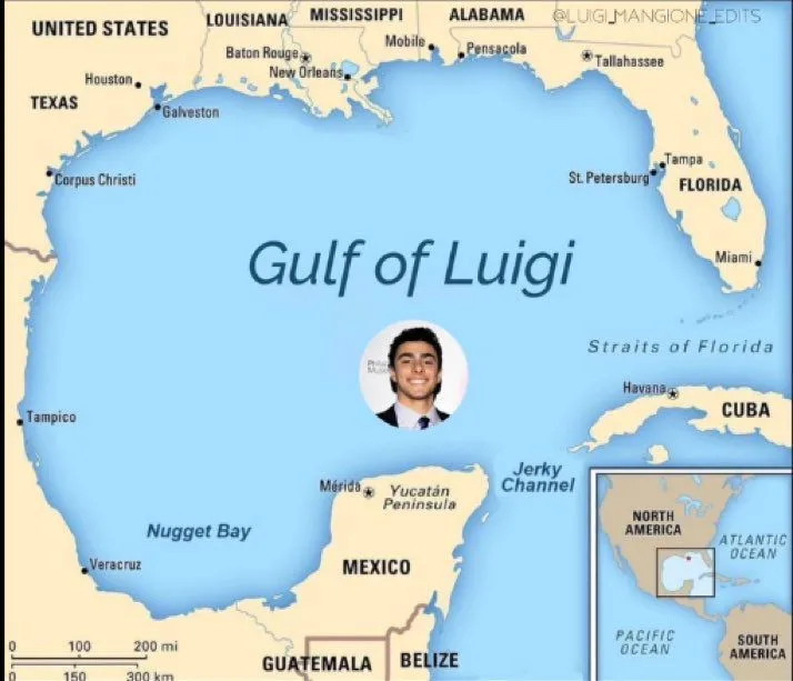 A map of the Gulf of Mexico with the name 'Gulf of Luigi' overlaid in large text. A circular portrait of a smiling young man…