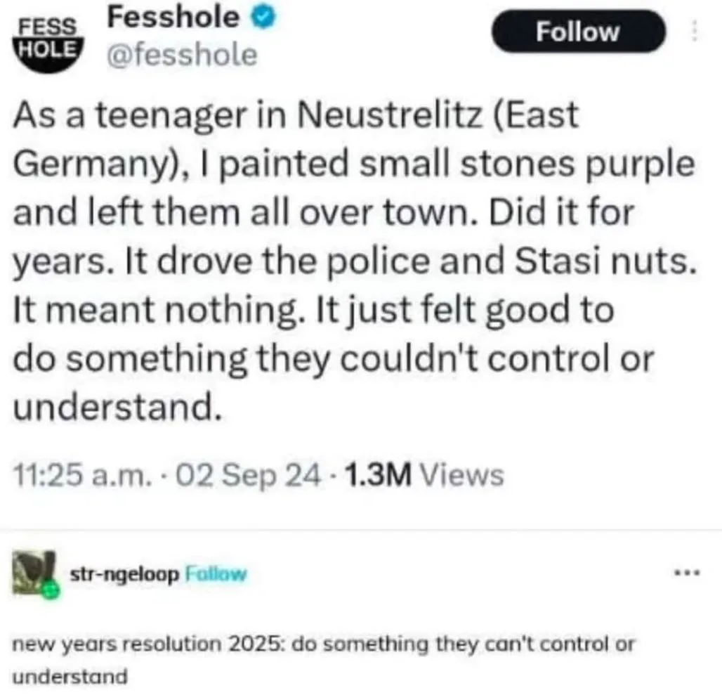 A screenshot of a Twitter post by 'Fesshole' recounting how, as a teenager in Neustrelitz, East Germany, they painted small…