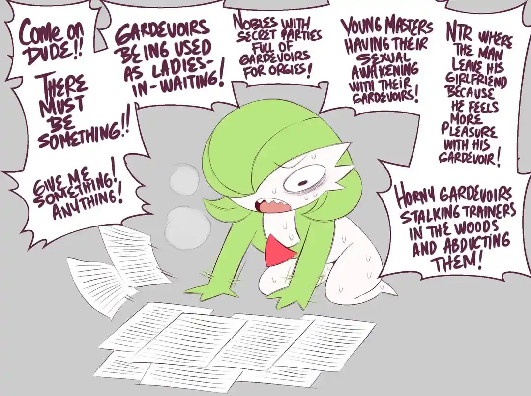A distressed green and white cartoon Gardevoir sits on the floor surrounded by scattered papers, with multiple speech…